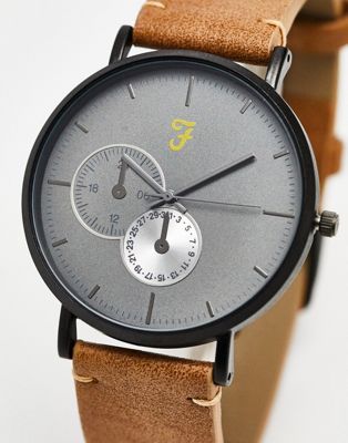 Farah multi dial slim line strap watch in tan