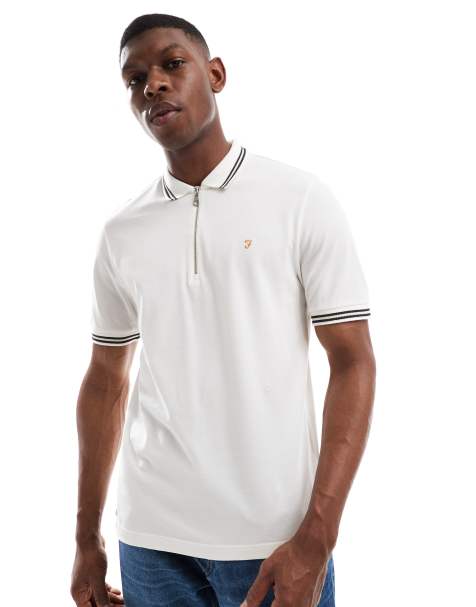 Farah Netton short sleeve zip neck tipped polo shirt in off white - WHITE - view 1