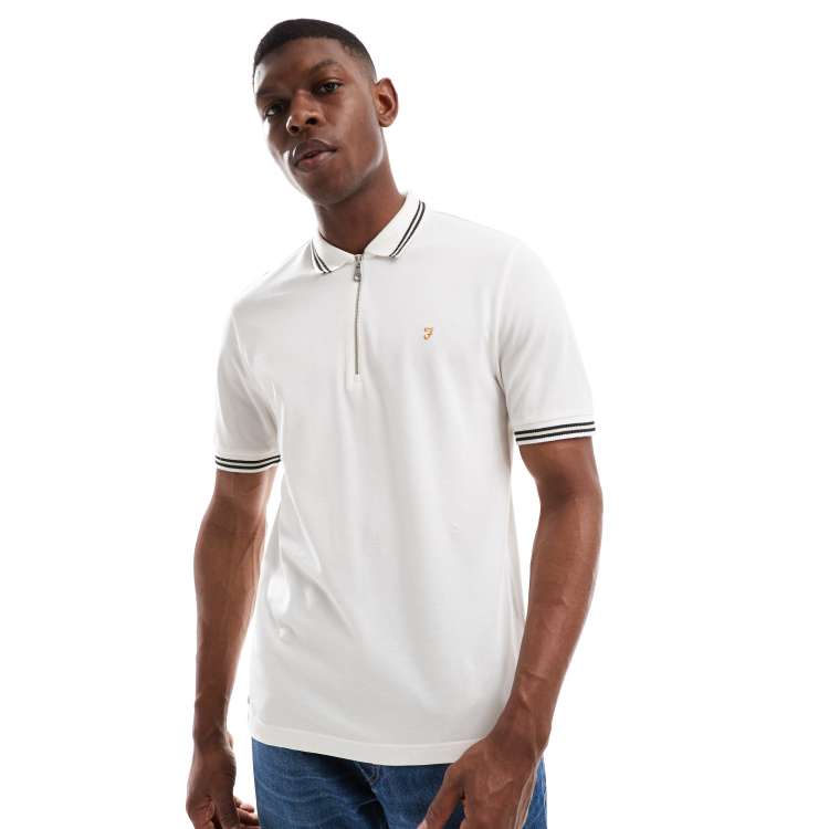 Farah Netton short sleeve zip neck tipped polo shirt in off