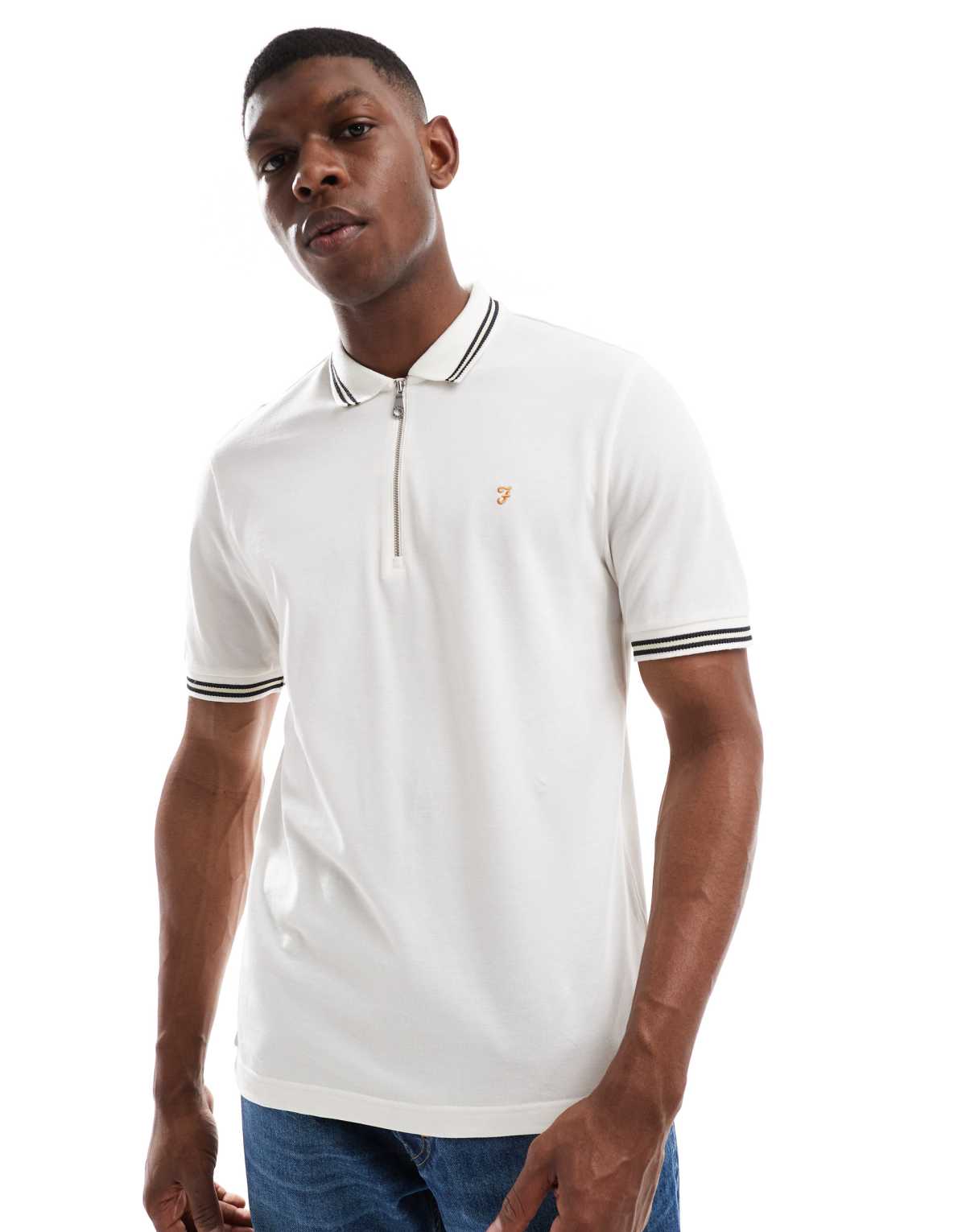 Farah netton short sleeve zip neck tipped polo shirt in off white