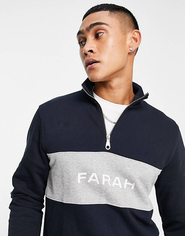 Farah - orford 1/4 zip logo cotton sweatshirt in true navy