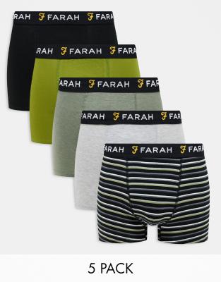 Farah - Pakke med 5 par boksershorts i sort/meleret kakigrøn/gråmeleret/mosgrøn/med multifarvede striber