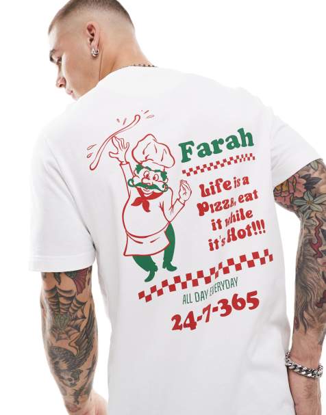 Farah Powis t-shirt in white with pizzeria chest and back print - view 1