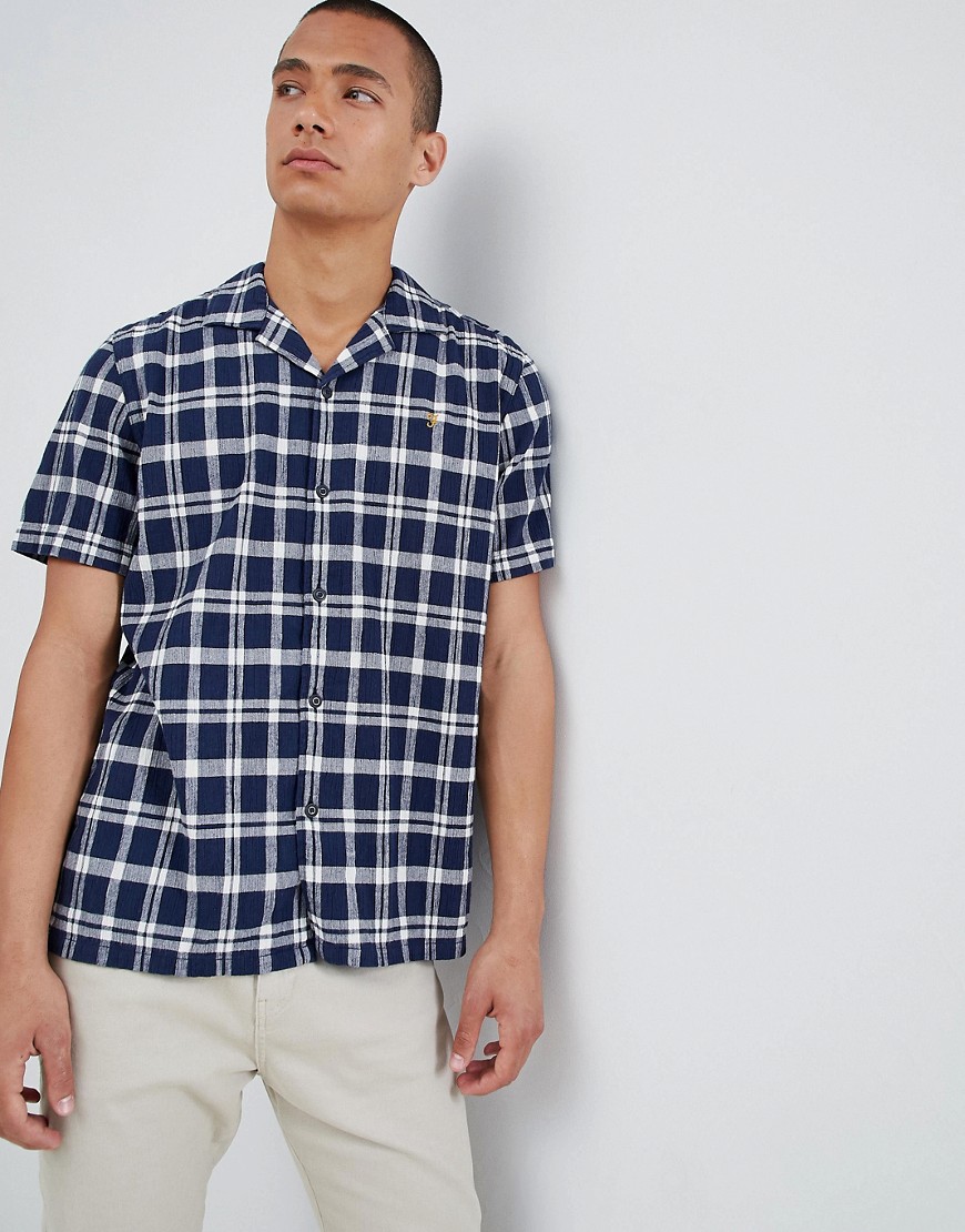 Farah – Prestwich – Marinblå, rutig kortärmad skjorta med platt krage