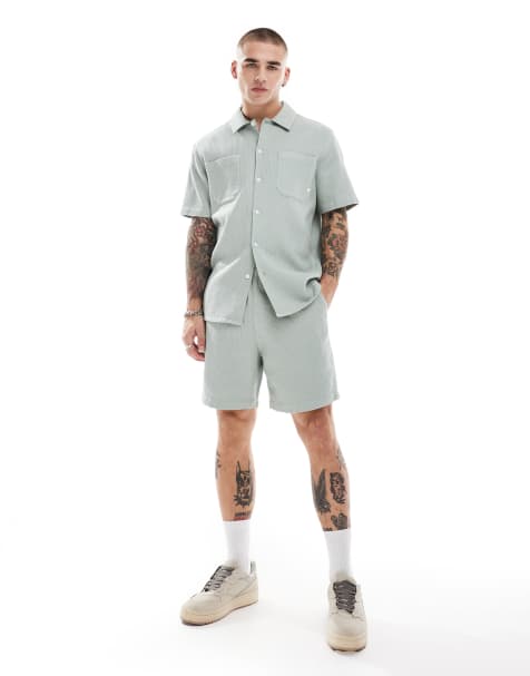 Farah redwald waffle texture shorts in sage green - part of a set - view 1