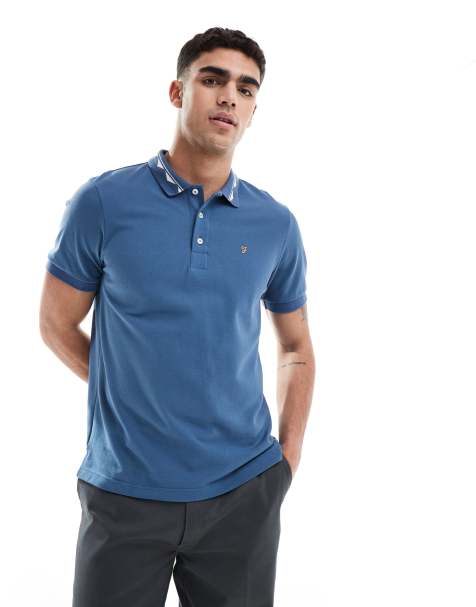 Farah reeves short sleeve polo in blue with jacquard collar