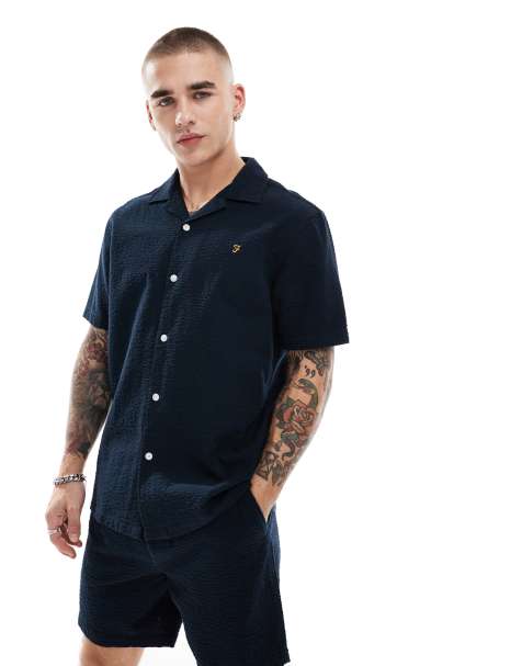 Farah rutherford co-ord short sleeve revere collared shirt in navy seersucker