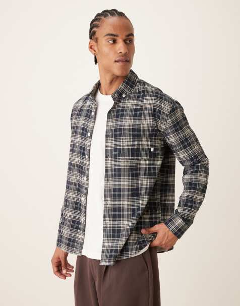 Farah Sands long sleeve flannel logo shirt in navy check - view 1