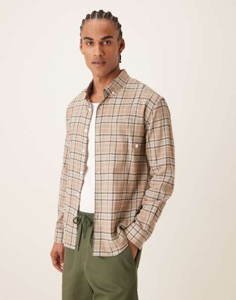 Farah Sands long sleeve logo shirt in taupe brown check