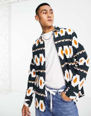 Farah Farah Saudan all over print long sleeve cotton shirt in true navy