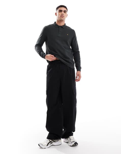 Farah - Shasta - Polo manches longues avec col en jacquard - Noir délavé - view 1