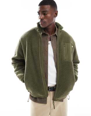 sherpa fleece zip jacket in khaki-Green