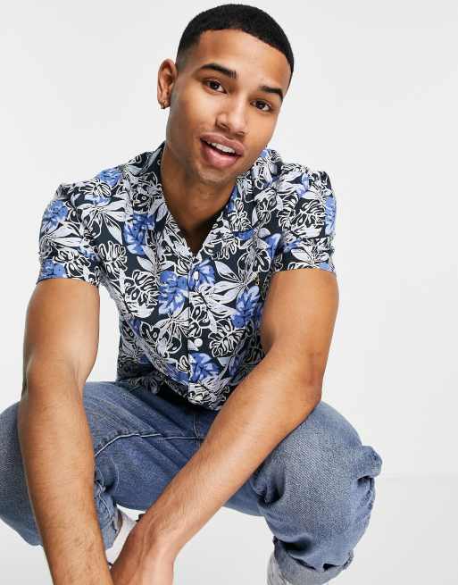 Farah short sleeve printed shirt in blue | ASOS