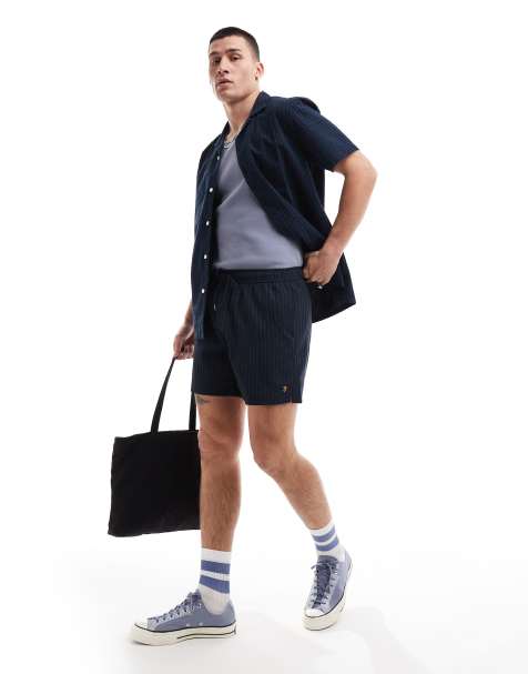 Farah - Short van getextureerde seersuckerstof in marineblauw - view 1