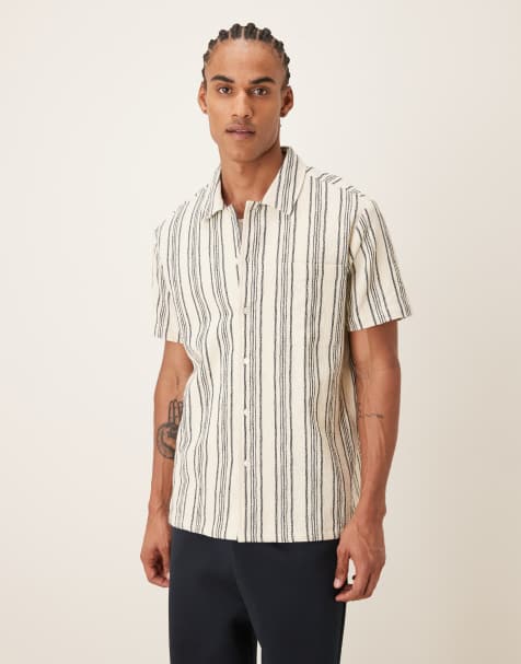 Farah Simon short sleeve logo shirt in ecru stripe