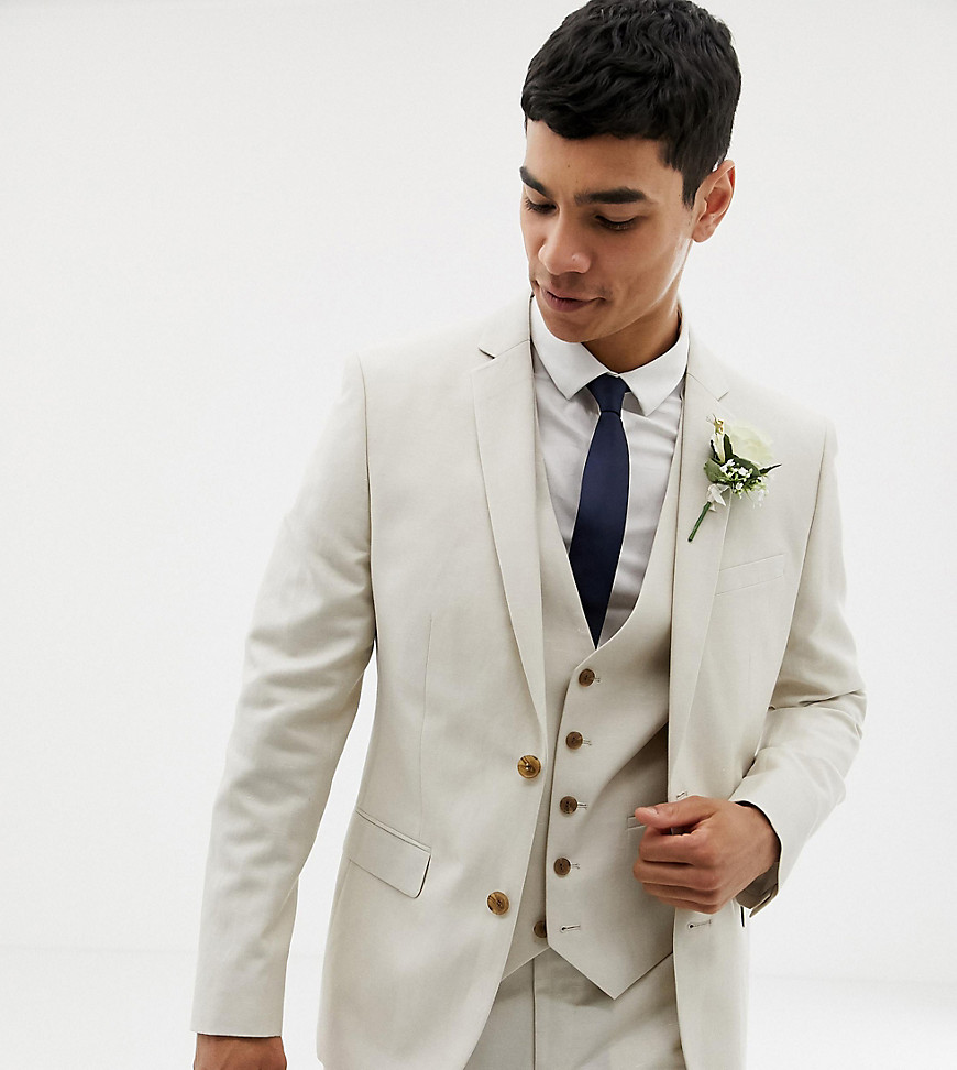 Farah skinny wedding suit jacket in linen Exclusive at ASOS-Stone