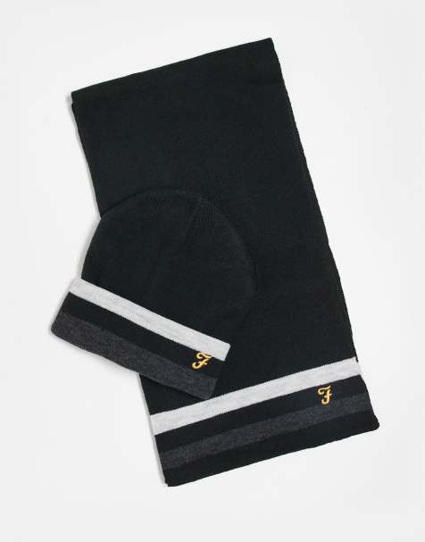 Farah Slate knitted stripe logo hat, scarf and gloves set in black - view 1