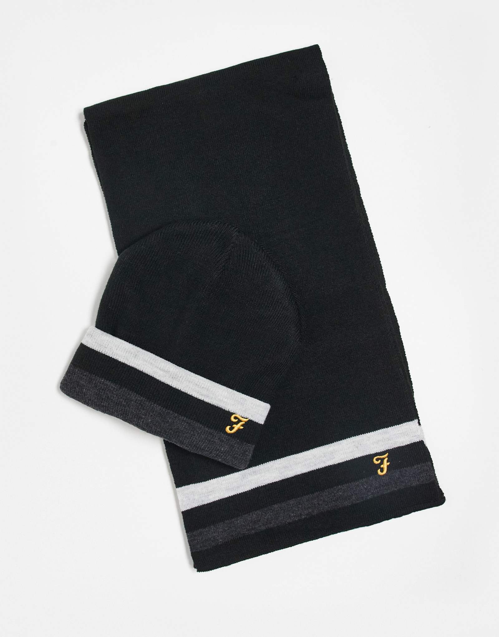 Вязаная шапка, шарф и перчатки с логотипом Farah Slate в полоску черного цвета