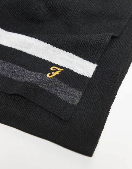 Farah Slate knitted stripe logo hat, scarf and gloves set in black, 2 of 3