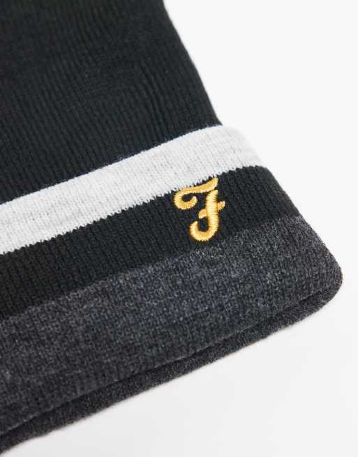 Farah Slate knitted stripe logo hat, scarf and gloves set in black, 3 of 3