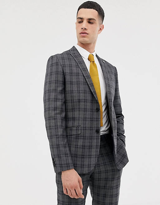 Farah slim fit check suit jacket in gray