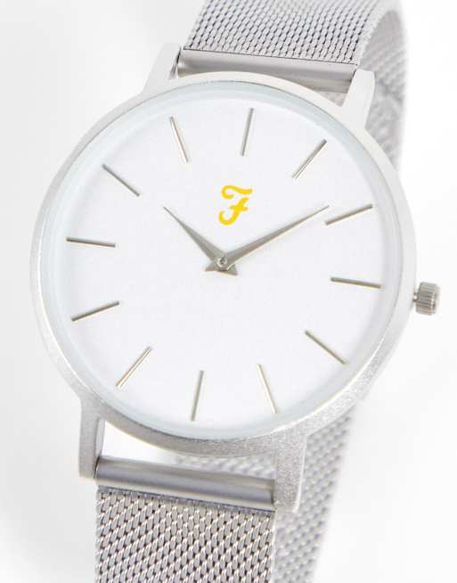 Farah – Slim Jim – Armbanduhr mit weißem Zifferblatt und Milanaise-Band in Silber