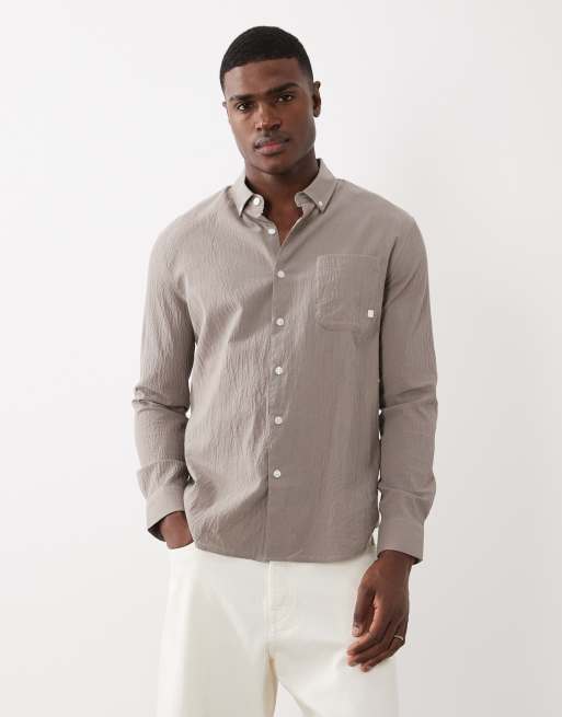 Farah - Stanford - Camicia a maniche lunghe leggera color pietra scuro con logo