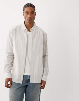 Farah Stanford Long Sleeve Lightweight Striped Logo Shirt In White