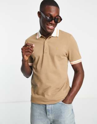 Farah Stanton tipped slim fit cotton polo shirt in beige - ASOS Price Checker