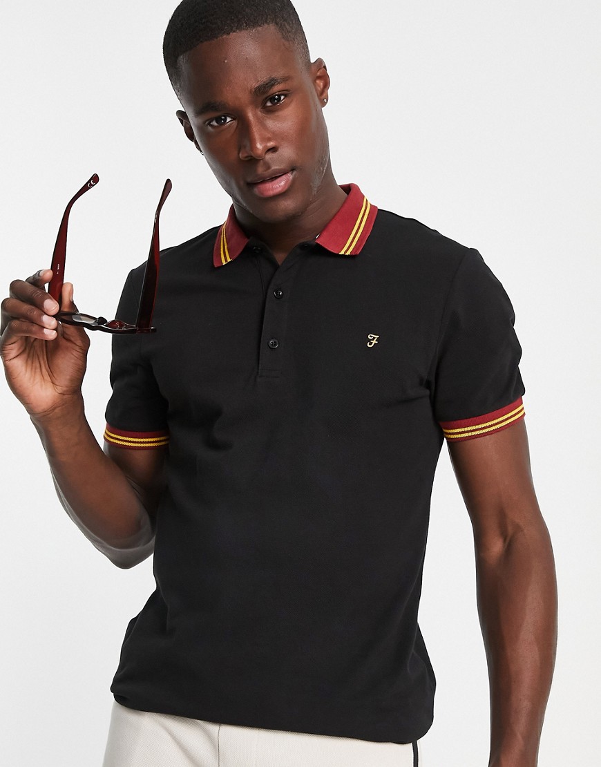 Farah Stanton tipped slim fit cotton polo shirt in black