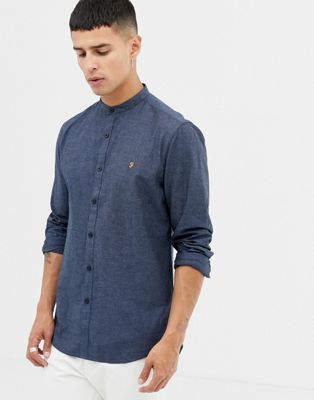 Farah – Steen – Blå, texturerad skjorta med farfarskrage och smal passform
