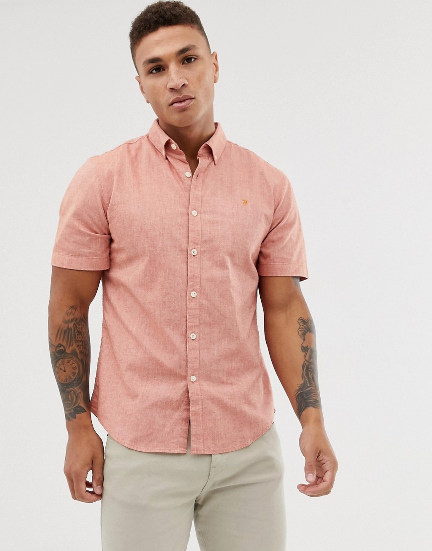Farah – Steen – Korallfärgad texturerad skjorta med smal passform och kort ärm-Orange