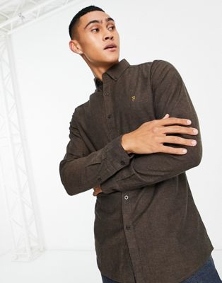Farah Steen long sleeve slim fit cotton shirt in mocha brown - ASOS Price Checker