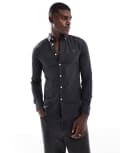 [Farah] Farah Steen slim fit oxford long sleeve shirt in charcoal marl-Grey S GREY