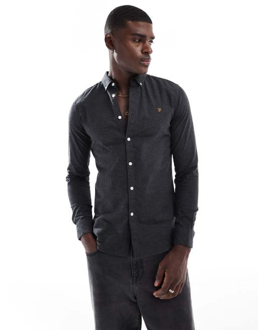 Farah - Steen - Slim-fit oxford overhemd met lange mouwen in gemêleerd antraciet