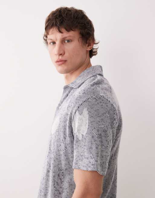 Farah - Stoker - Gebreid jacquard overhemd met korte mouwen in grijs, 4 van 5