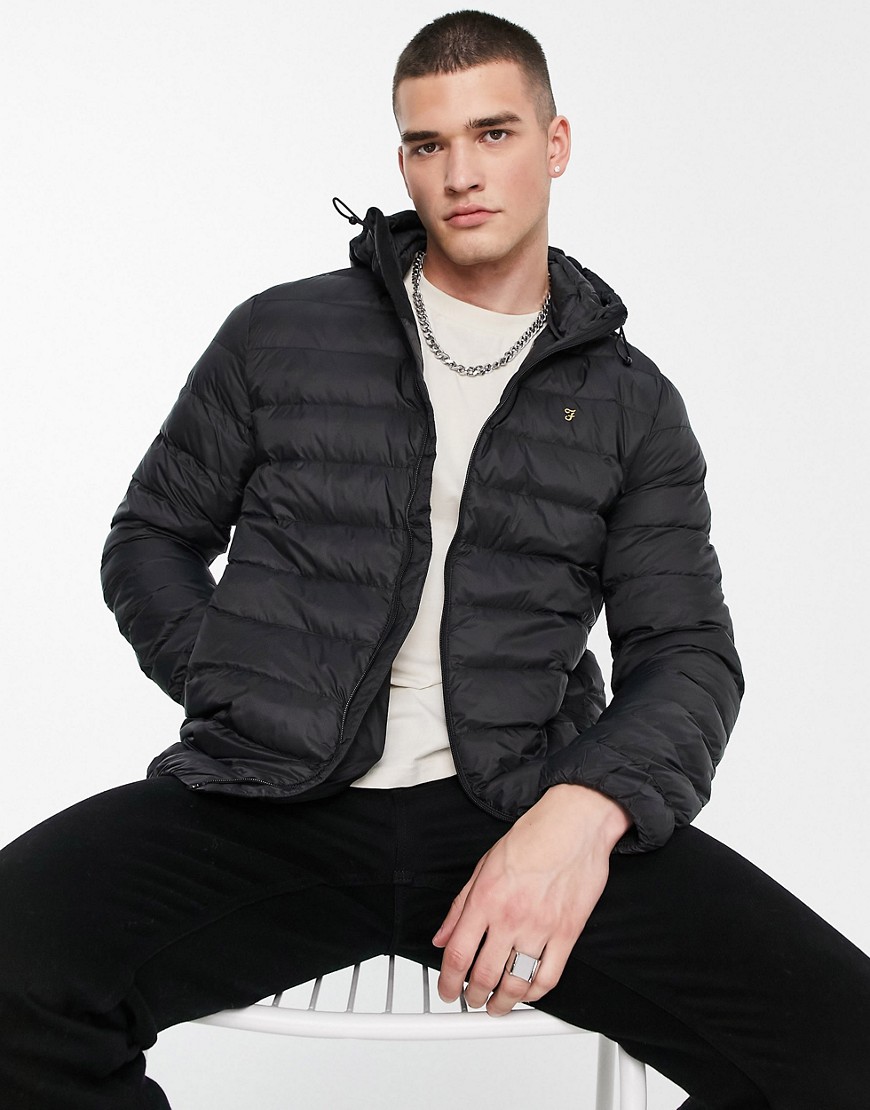 Farah Strickland quilted jacket with hood in black