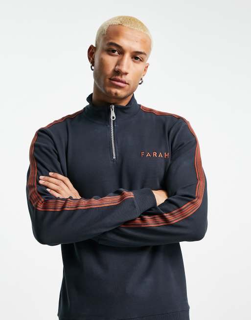 Farah - Sweater met halve rits en bies op de mouwen in marineblauw