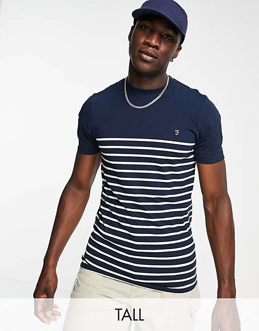 Men Farah Tall Florida organic cotton stripe detail t-shirt in navy 