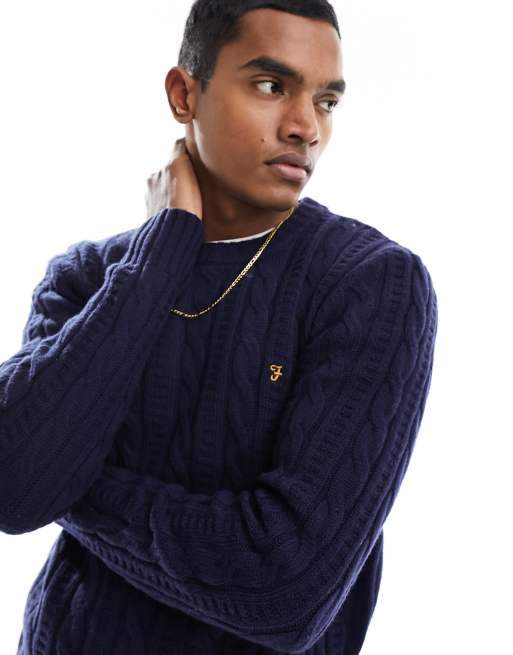 Farah Tassotti cable knit wool jumper in navy