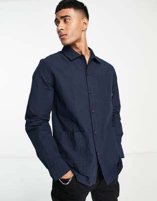 Farah Tillbrook seersucker long sleeve shirt in navy