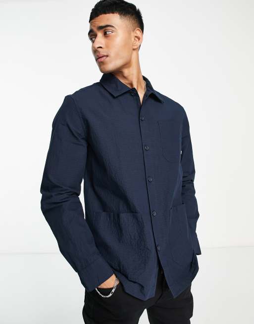 Farah - Tillbrook - Seersucker overhemd met lange mouwen in marineblauw 