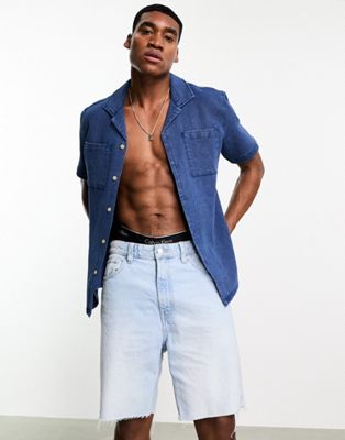 Farah Tosh texture short sleeve shirt in mid blue wash - ASOS Price Checker