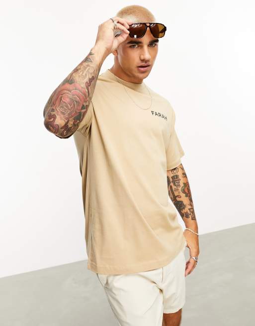 Farah – Trevor – Locker geschnittenes T-Shirt in Hellbeige mit geometrischem Blumenprint auf dem Rücken
