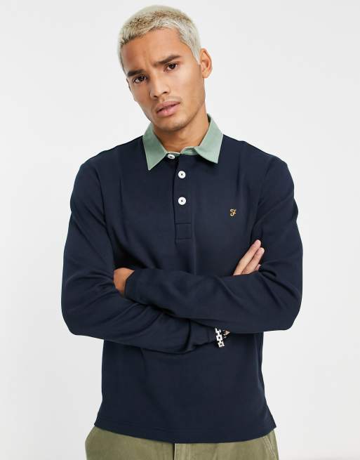 Farah - Ward - Katoenen rugbyshirt met lange mouwen in marineblauw
