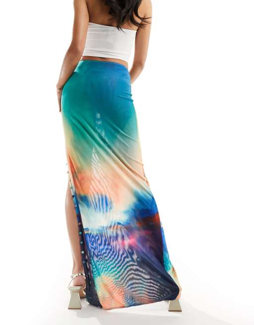Farai London Akari mesh thigh split button through maxi skirt in blue ombre, 2 of 5