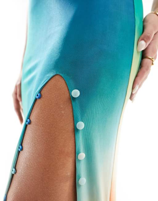 Farai London Akari mesh thigh split button through maxi skirt in blue ombre, 3 of 5