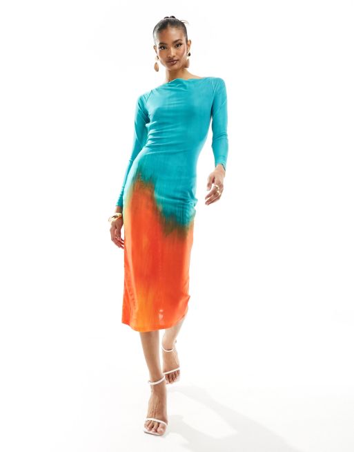 Farai London – Alamea – Blå och orange, långärmad midiklänning i mesh med bodycon-passform, bar rygg och ombréeffekt