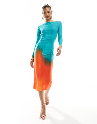 Farai London Alamea Mesh Backless Long Sleeve Bodycon Midi Dress In Blue And Orange Ombre-multi