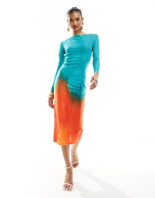 Farai London Alamea mesh backless long sleeve bodycon midi dress in blue and orange ombre